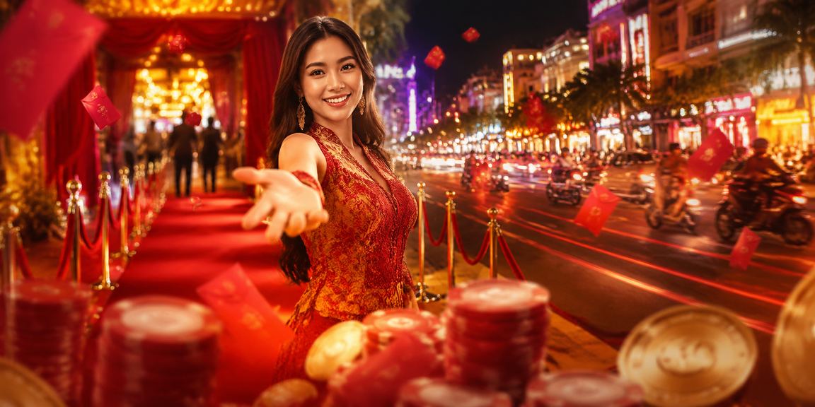 Amplop merah bercahaya neon melambangkan promo dan bonus platform hiburan online