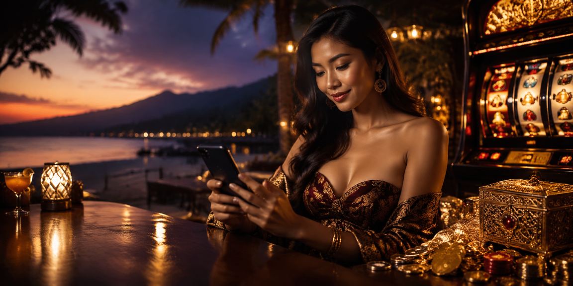 Seseorang menikmati permainan slot online santai di tepi pantai dengan smartphone
